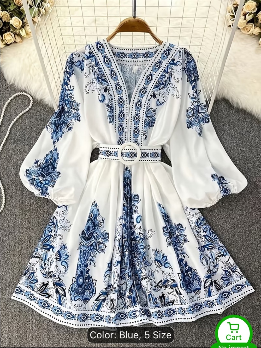 White & Blue Print Mini Dress - V-Neck Boho Tunic - Picture 11 of 12